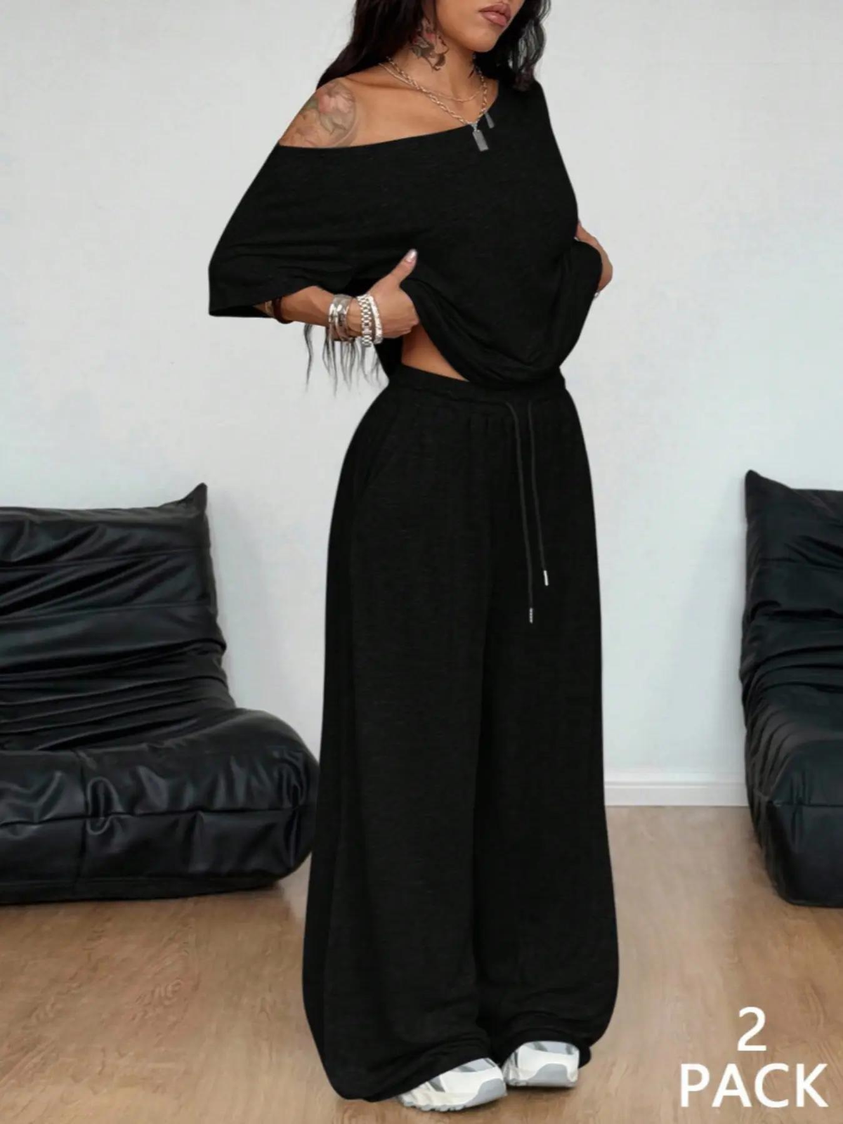 Off-Shoulder Tee & Wide-Leg Pant Set