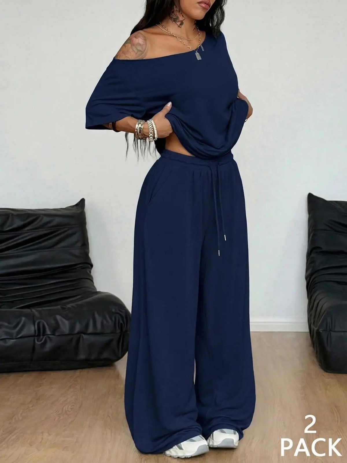 Off-Shoulder Tee & Wide-Leg Pant Set