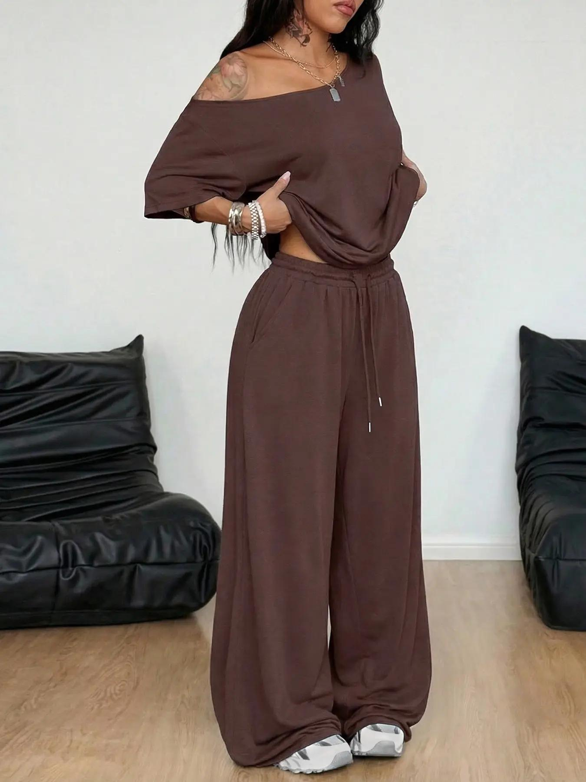 Off-Shoulder Tee & Wide-Leg Pant Set